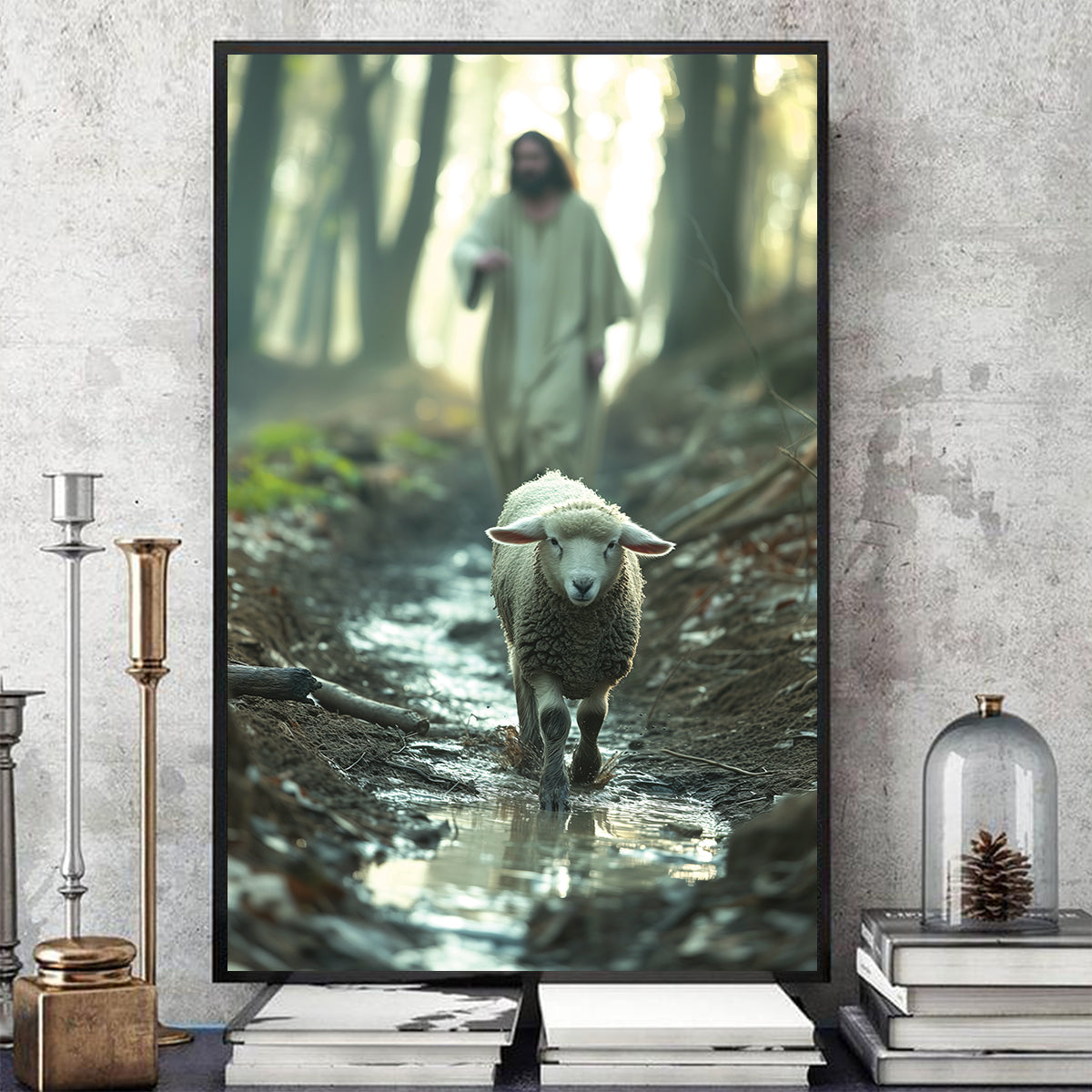 Teesdily | Jesus And Lamb Poster, Lamb Of God Canvas Poster Wall Art Decor, Jesus Running Lamb Faith Poster, Christian Art Gift Home Decoration