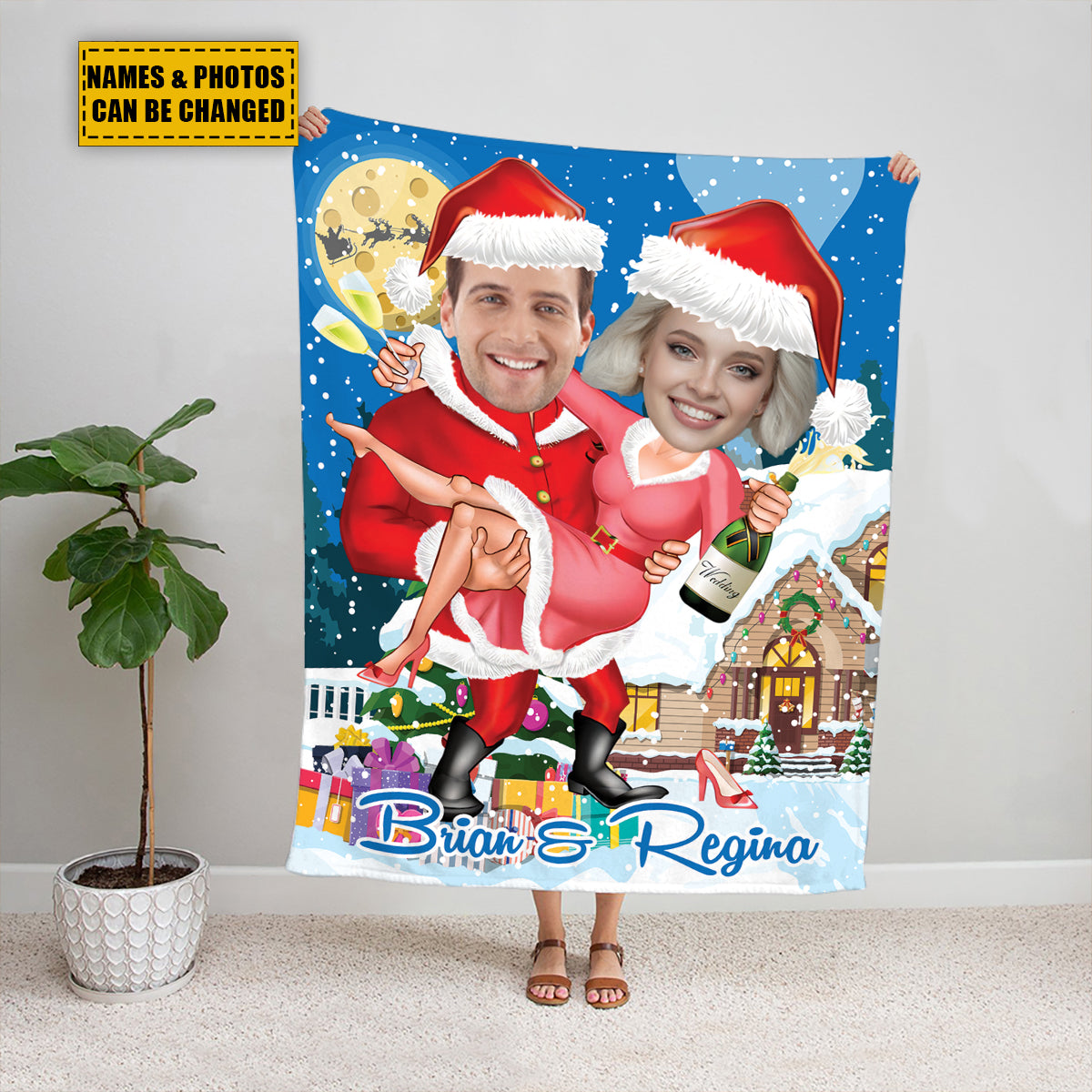 Teesdily | Christmas Couple Custom Photo Blanket, Christmas Theme Customize Blanket, Funny Xmas Gift For Partner, Christmas Holiday Bedroom Decor