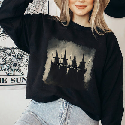 Teesdily | Vintage Girls Will Be Girls Witch Shirt, Halloween Witch T-shirt, Funny Witch Vintage Sweatshirt, Vintage Halloween Hoodie Women Gift