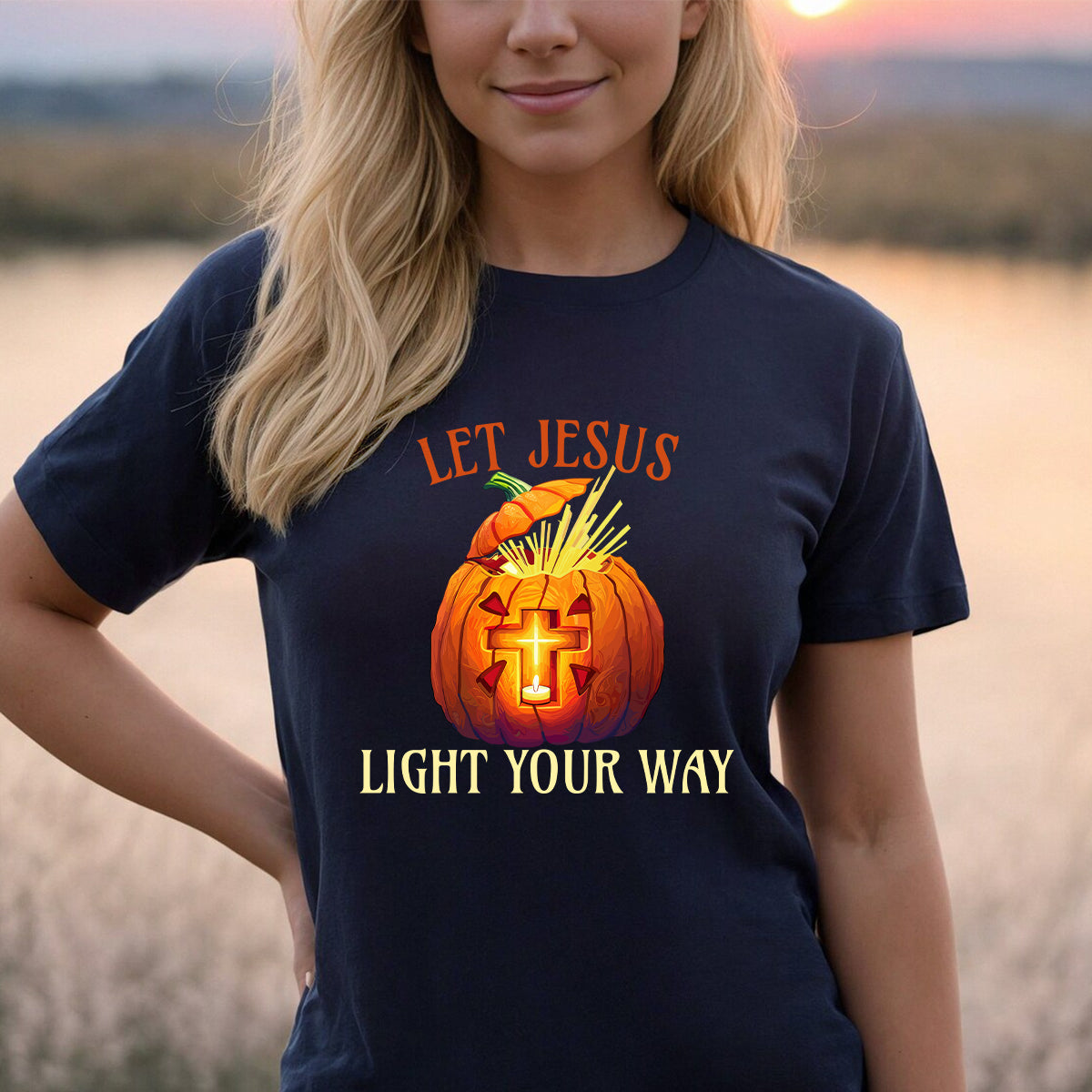 Teesdily | Jesus Pumpkin Cross Shirt, Let Jesus Light Your Way T-shirt, Jesus Light Pumpkin Sweatshirt Hoodie Mug, Happy Halloween Christian Gift