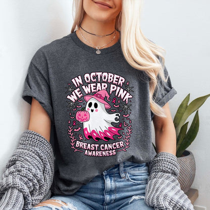 Teesdily | In October We Wear Pink Ghost Shirt, Breast Cancer Awareness Sweatshirt, In October We Wear Pumpkin, Pink Ribbon Hoodie Mug