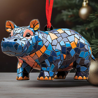 Teesdily | Cute Colorful Mosaic Hippopotamus Christmas Ornament, Stained Glass Design Hippo Xmas Gift Ornament, Hippo Lovers Gift