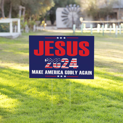 Teesdily | Jesus American Yard Sign, Jesus 2024 Make America Godly Again Lawn Sign, Patriotic Decor Outdoor Sign, Independence Yard Stake Sign Gifts