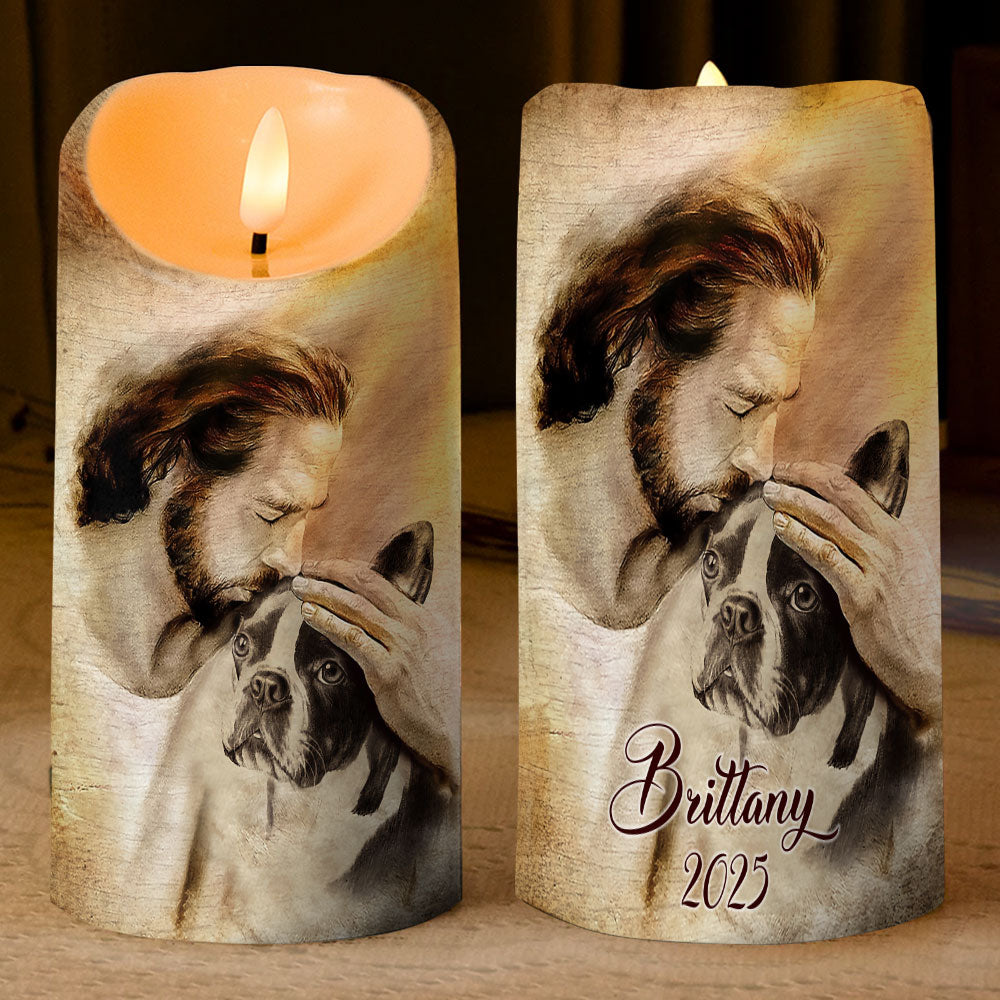 Teesdily | Customized Jesus With Dogs Memorial Led Candle, Pet Sympathy Gift, Dog Mom Gift, Memorial Dog Led Candle