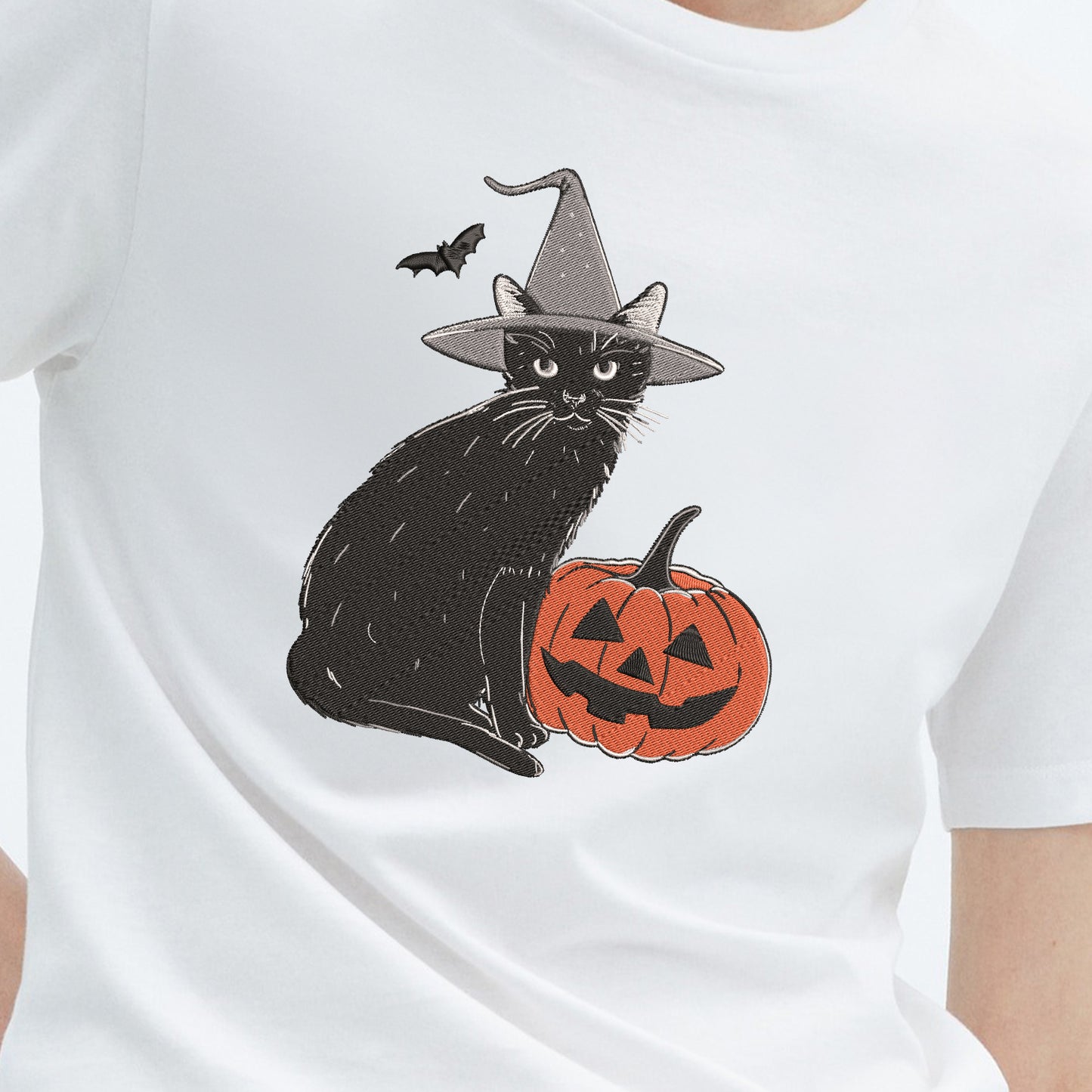 Teesdily | Halloween Cat Pumpkin Embroidered Sweatshirt, Black Cat Witch Embroidery Shirt, Pumpkin Cat Embroidered T-Shirt, Cat Lover Gifts