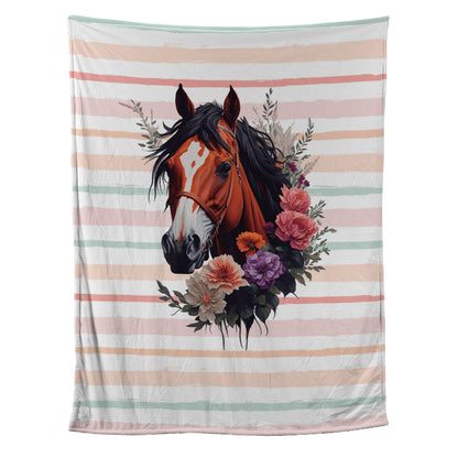 Teesdily | Customized Horse Flower Striped Pattern Fleece Blanket Throw Love Riding Horse Warm Throw Blanket Christmas Gift For Horse Lovers