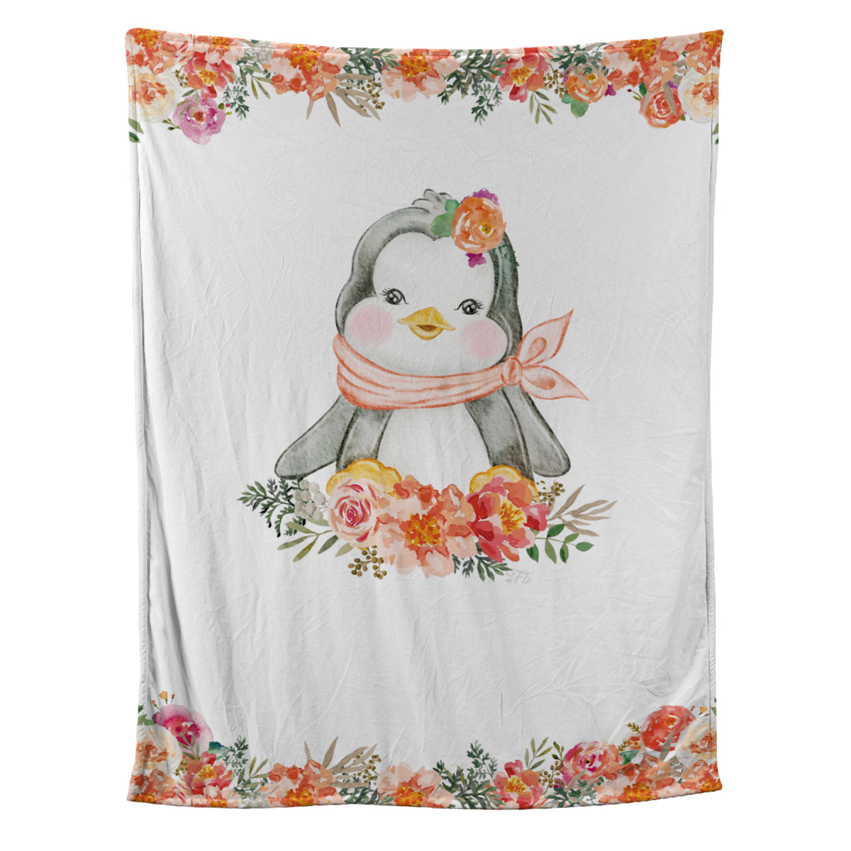 Teesdily | Customized Cute Penguin Floral Baby Blankets Chibi Animals Fleece Throw Blanket Baby Girl Kids Adult Bedding For Gifts Travel Christmas