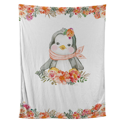 Teesdily | Customized Cute Penguin Floral Baby Blankets Chibi Animals Fleece Throw Blanket Baby Girl Kids Adult Bedding For Gifts Travel Christmas