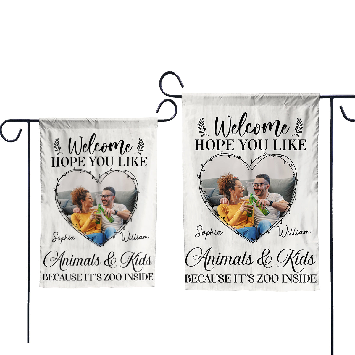 Teesdily | Couple Custom Photo Garden Flag Welcome Hope You Like Animals And Kids House Flag Couple Family Home Garden Flag Outdoor Decoration