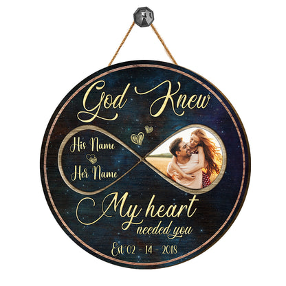 Teesdily | Couple Custom Photo Wood Sign God Know My Heart Needed You Wood Sign Galaxy Print Newly Couple Home Door Decoration Custom Gifts