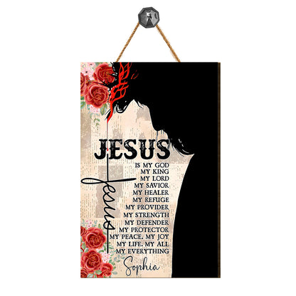 Teesdily | Jesus Portrait Customized Wood Sign Jesus Is My King Retro House Door Sign Religious Custom Gifts Christian Home Decor