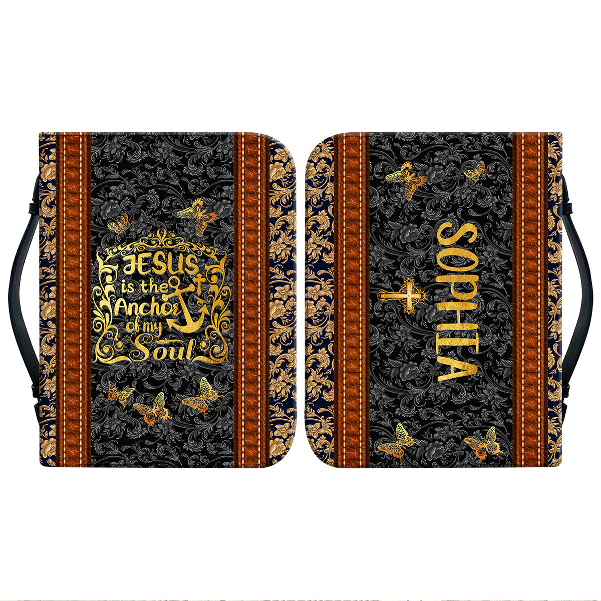 Teesdily | God Butterfly Retro Personalized Bible Cover, Jesus Is The Anchor Of My Soul, Jesus Faith Bible Bag, Religious Bible Cover With Handle