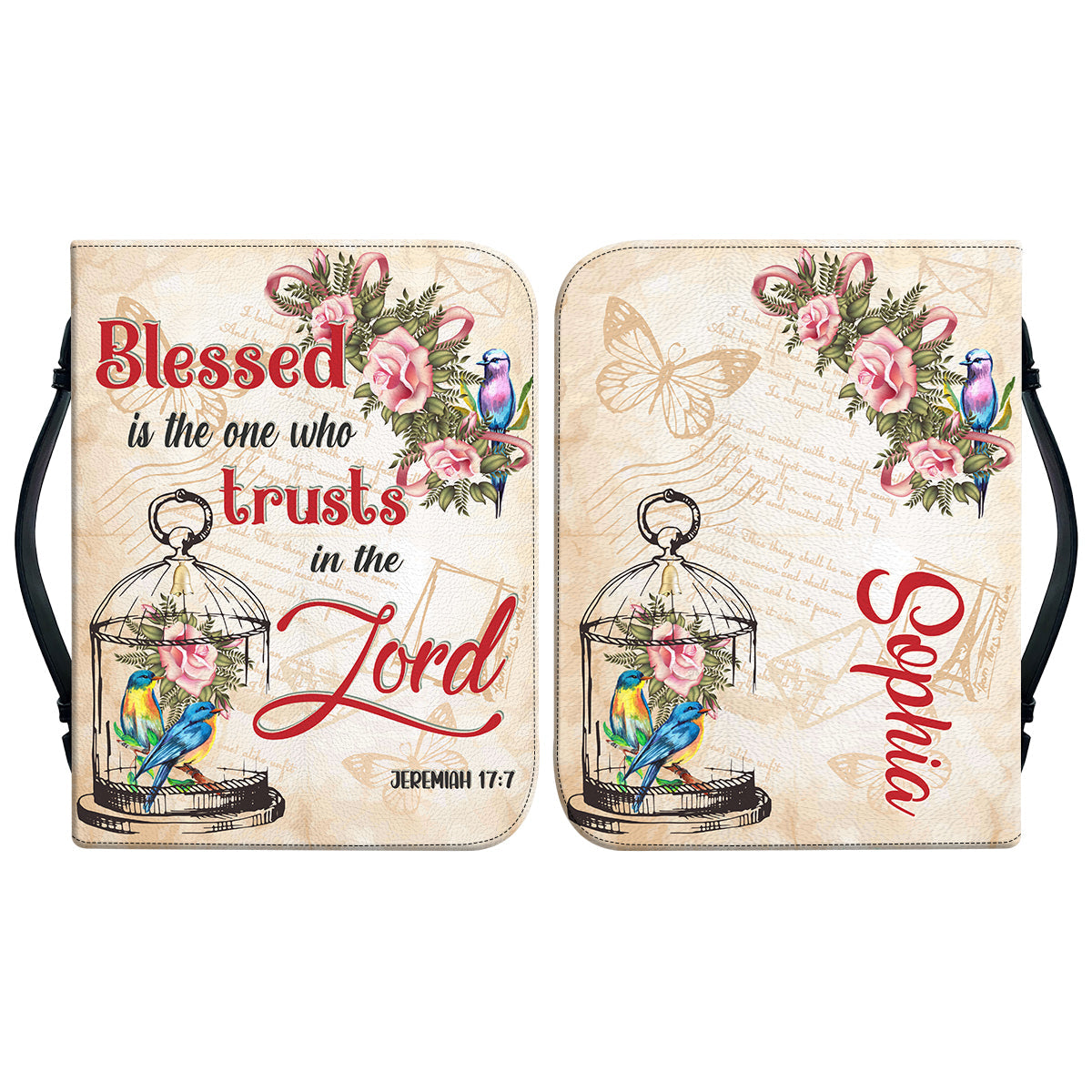 Teesdily | Personalized Roses Hummingbird Vintage Bible Bags, Blessed Is One Who Trusts In The Lord Bible Case, Christian Bible Cover With Handle