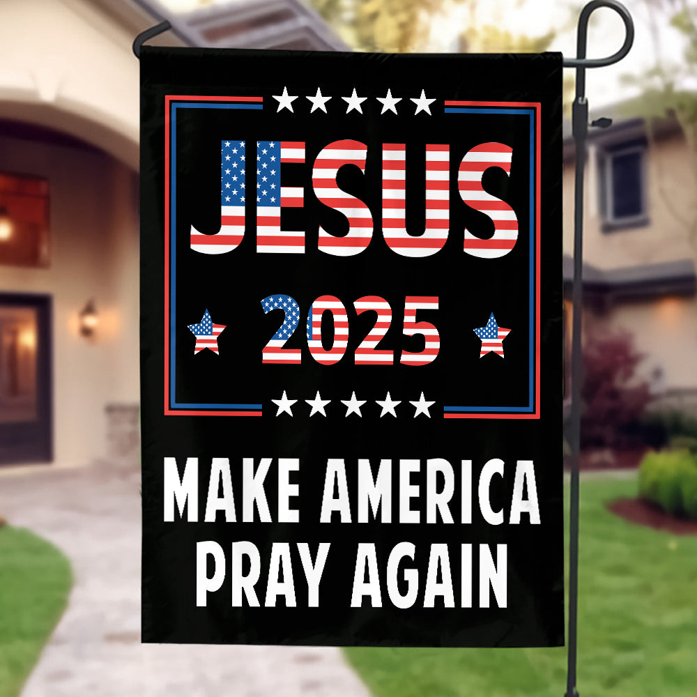 Teesdily | American Flag House Flag, Jesus 2024 Make America Pray Again Garden Flag With Stand, Jesus Home Decoration, Christian Patriotic Flag Gifts