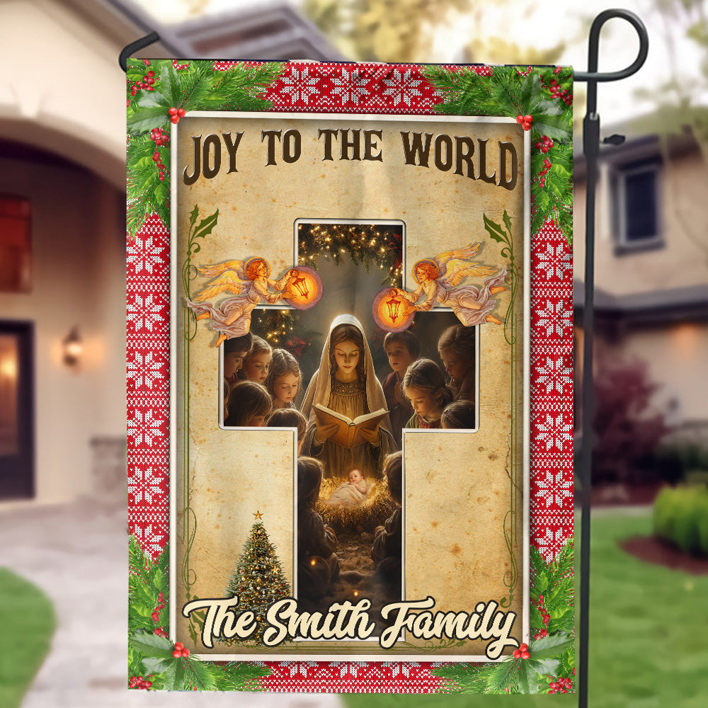 Teesdily | Custom Mary Nativity Jesus Christmas Flag, Joy To The World The Lord Is Come Garden Flag, Christ Cross House Flag Gift