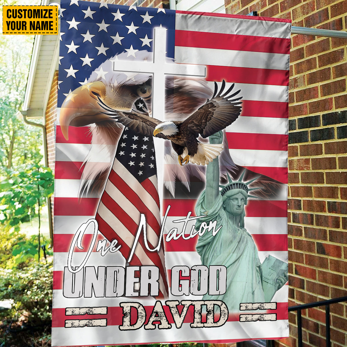 Teesdily | Customized American Eagle Garden Flag, Statue Of Liberty Jesus Cross House Flag, One Nation Under God Outdoor Flag, Independence Day Gifts