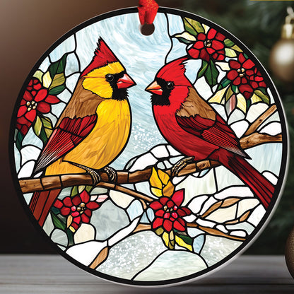 Teesdily | Couple Cardinal Ornament Christmas, Cardinal Stained Glass Acrylic 2D Ornament Christmas, Holiday Noel Ornament Gift