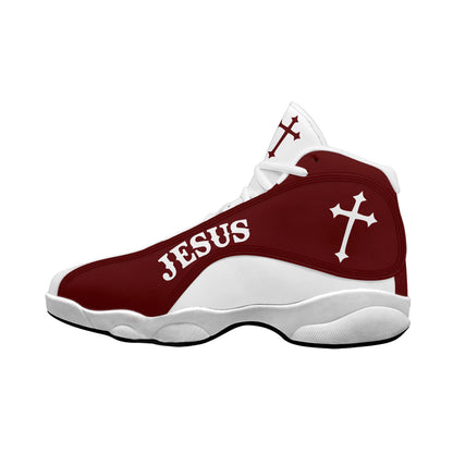 Teesdily | Jesus Faith Over Fear Basketball Shoes, Jesus Basketball Shoes Red Design, Gift For Jesus Lovers, Christian Gifts Unisex Basketball Shoes