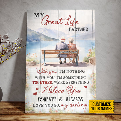 Teesdily | Old Couple Beautiful Landscape Customized Poster Canvas Mountain Scene Peaceful Wall Art My Great Life Partner Couple Room Wall Decor