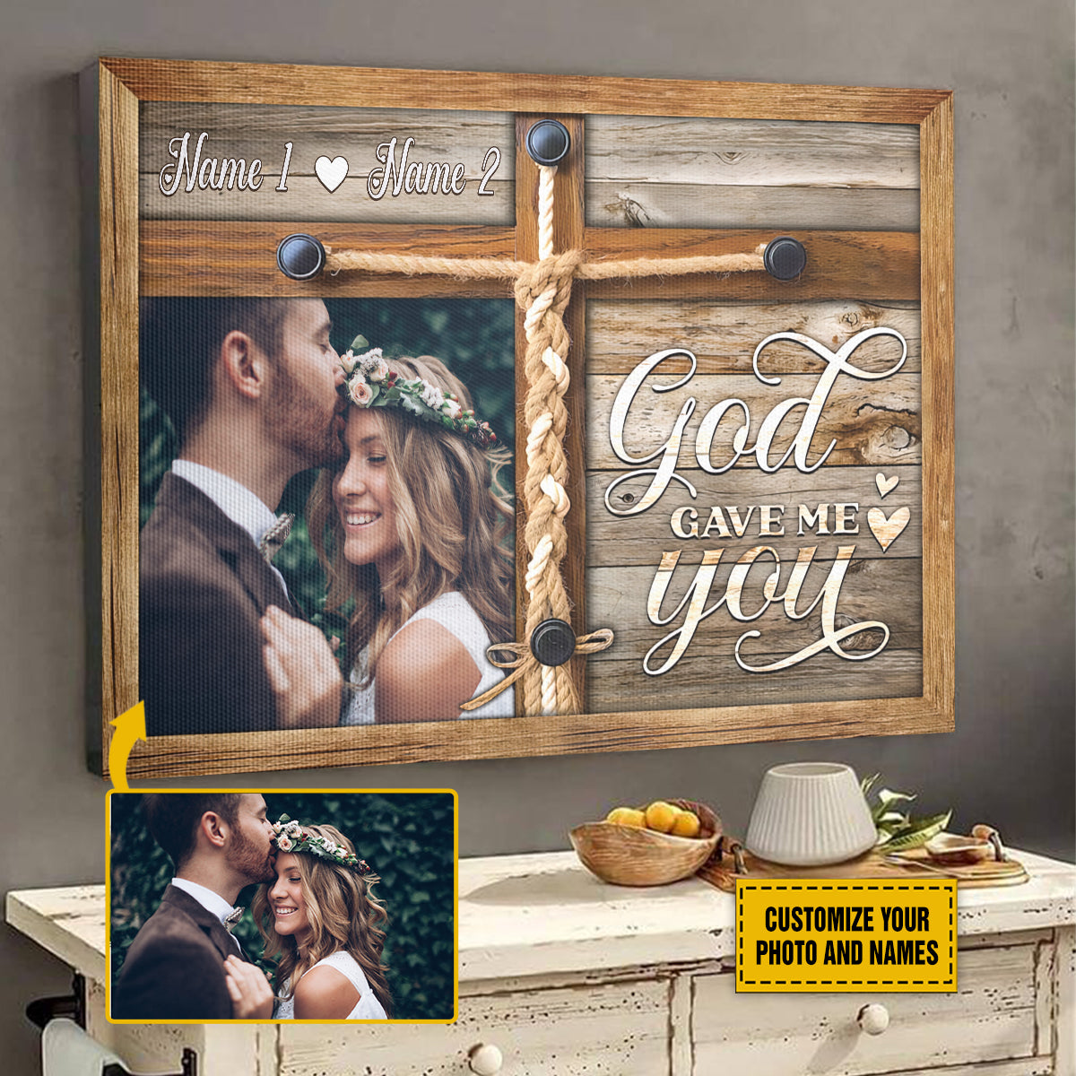 Teesdily | Christian Couple Personalized Photo Poster Canvas God Gave Me You Wall Art Canvas Wood Print Valentine Wedding Anniversary Romantic Gifts