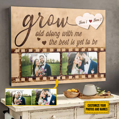 Teesdily | Couple Customized Photo And Name Poster Canvas Grow Old Along With Me Vintage Wall Decor Wedding Anniversary Gift For Wife Husband