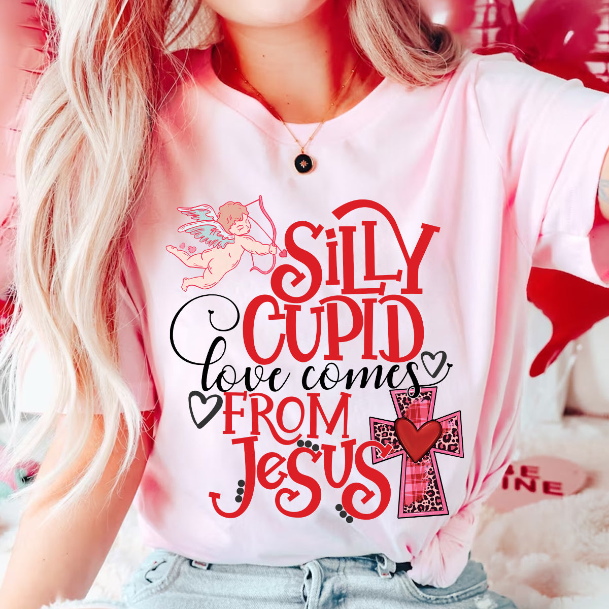 Teesdily | Christian Valentine Day Womens Tops, Silly Cupid Love Comes From Jesus Sweatshirt Hoodie Mug, Valentine Gift For Christian Girlfriend