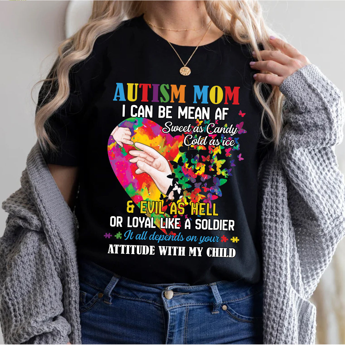 Teesdily | Autism Awareness Shirt, Autism Awareness Autism Mom It All Depends On Your Attitude With My Child, Autistic Gifts Unisex Tshirt Hoodie Sweatshirt Size S-5XL / Mug 11-15Oz