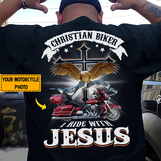 Teesdily | Personalized Motorcycle Photo Shirt, Christian Biker Casual Shirt, I Ride With Jesus Hoodie Sweatshirt Mug, World Motorcycle Day Gifts