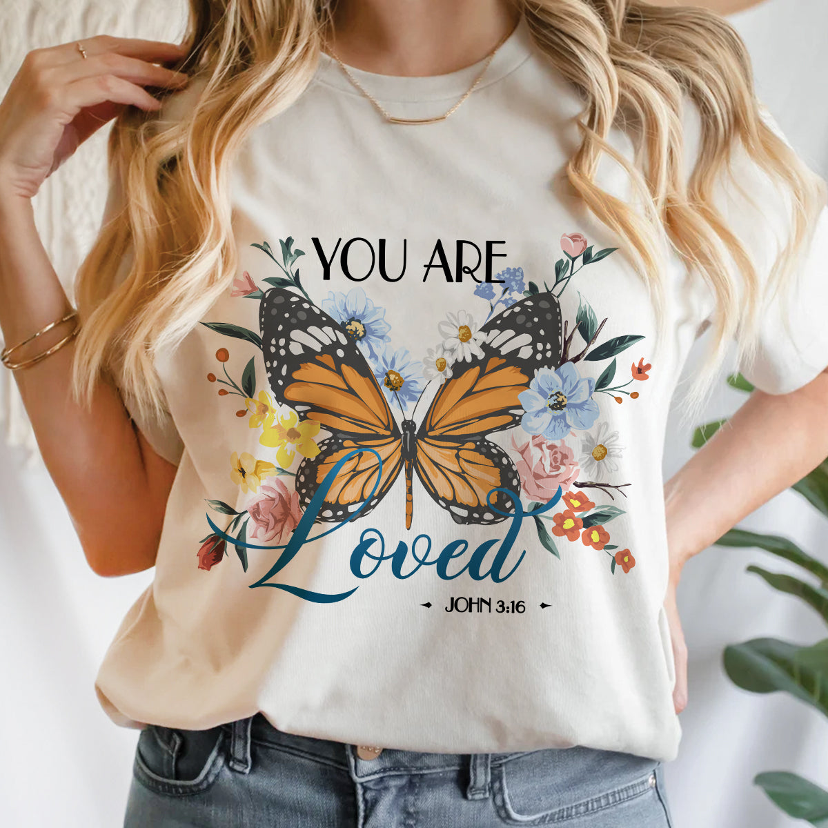 Teesdily | Christian Butterfly Flower Women Short Sleeve Tops You Are Loved Basic Sweatshirt Hoodie Mug God Bible Verse Christian Religious Gifts