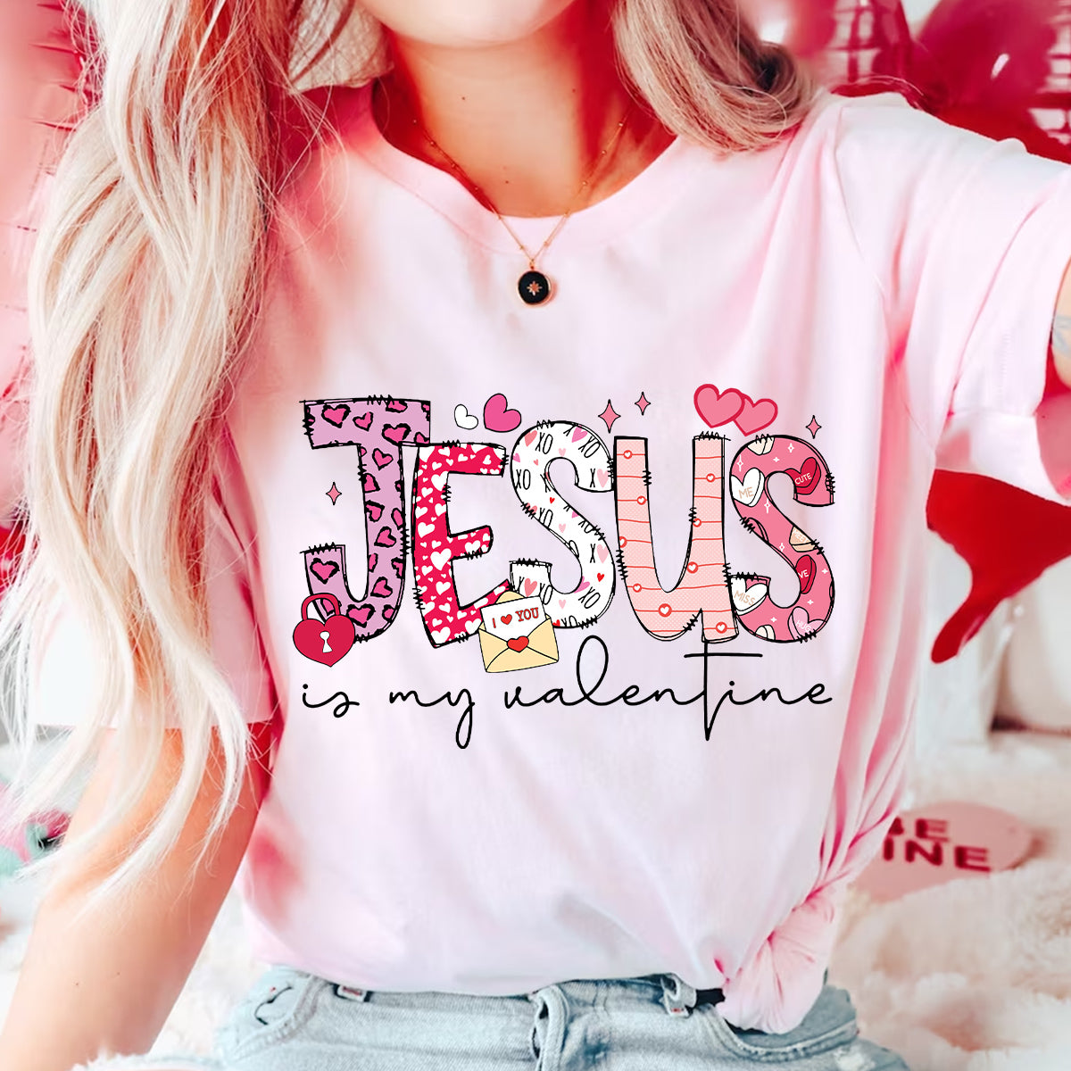 Teesdily | Jesus Is My Valentine Womens Tops Valentines Day Theme Tshirt Sweatshirt Hoodie Mug Valentine Gift For Christian Mom Grandma Girlfriend