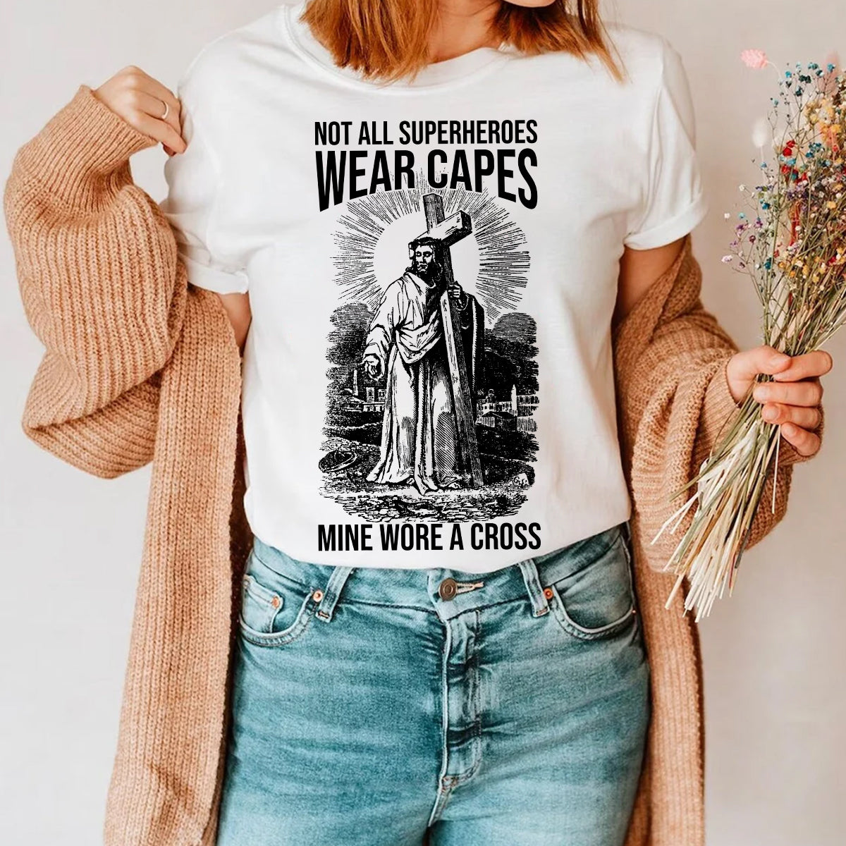 Teesdily | Jesus Carrying Cross Vintage Art Shirt My Superheroes Wore A Cross Sweatshirt Hoodie Pullover Religious Mug God Believer Christian Gifts