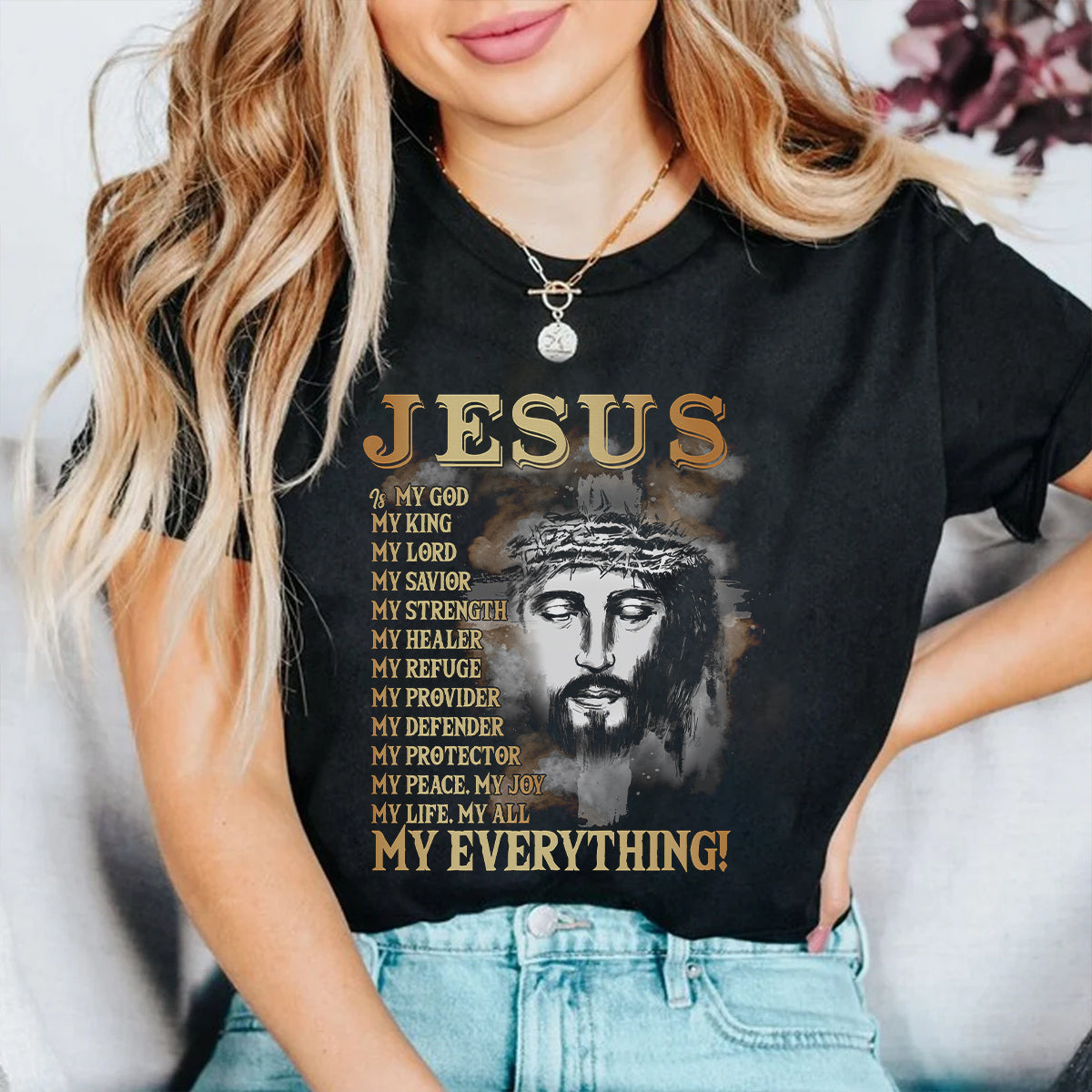 Teesdily | Jesus Portrait Graphic Shirt, Jesus My God My King My Everything Sweatshirt Hoodie Mug, Jesus Christian Short Sleeve Shirts, Religious Gifts