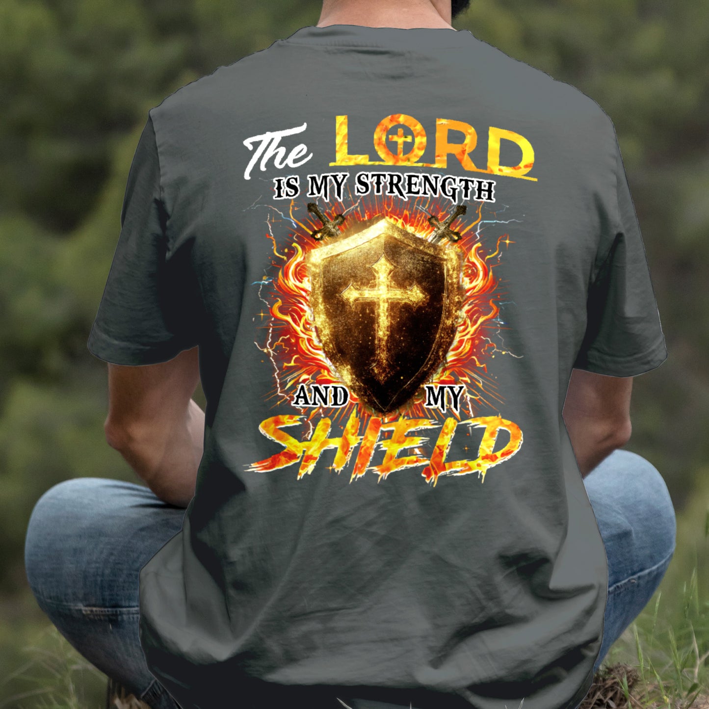 Teesdily | The Lord Is My Strength And My Shield Shirt, Jesus Christian Cross Sweatshirt, Faith God Hoodie Mug, Religious Gift Men