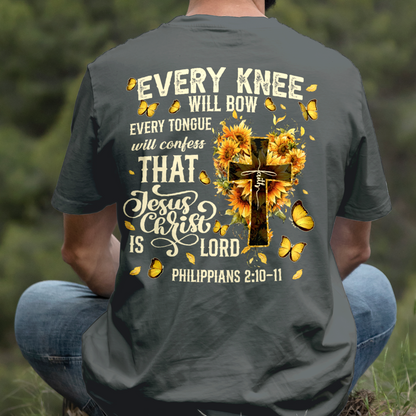 Teesdily | Every Knee Shall Bow Shirt, Every Tongue Shall Confess Sweatshirt, Bible Verse Sunflower Cross Jesus Hoodie Mug Gift