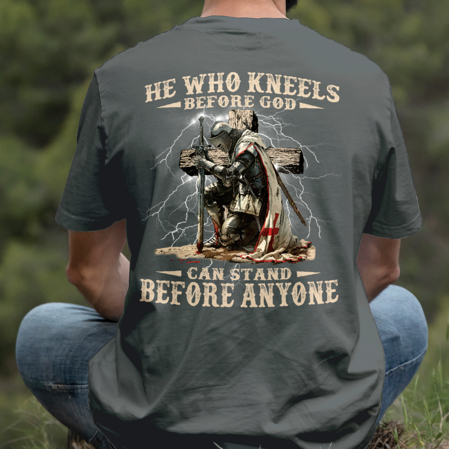 Teesdily | He Who Kneels Before God Shirt, Jesus Warrior Sweatshirt, Christian Cross Faith Hoodie Mug, Religious Gift Men