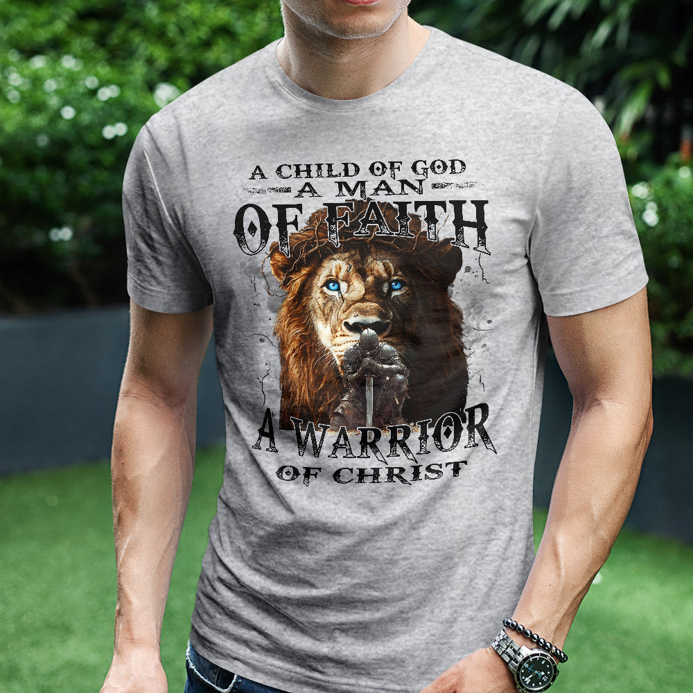 Teesdily | Jesus Warrior Knight Lion Shirt, A Warrior Of Christ Sweatshirt, A Child Of God Hoodie Mug, Man Of Faith Religious Tee