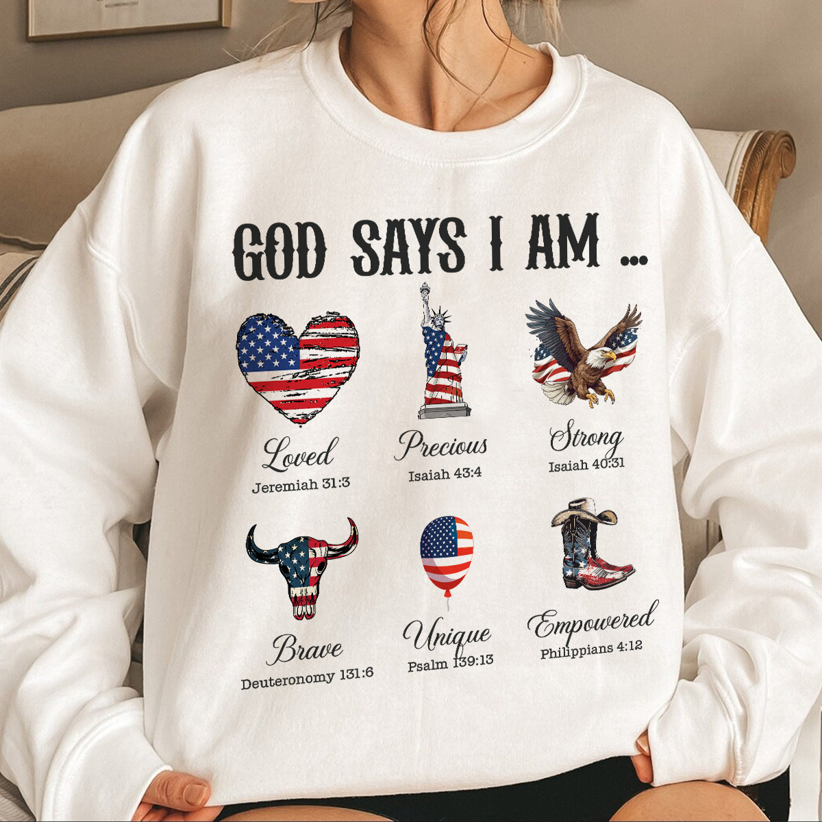 Teesdily | God Says I Am Shirt, American Flag Cowboy Sweatshirt, Eagle Heart Statue of Liberty Mug, Jesus Christ Mug Gifts