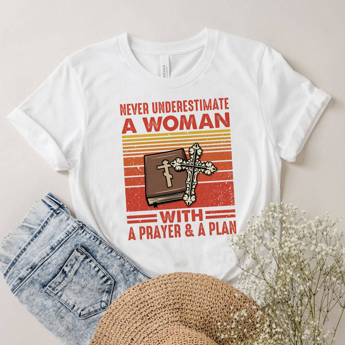 Teesdily | Jesus Christian Bible Book Retro Tshirt Never Underestimate A Woman With A Prayer And A Plan Sweatshirt Hoodie Mug Christian Gift Ideas