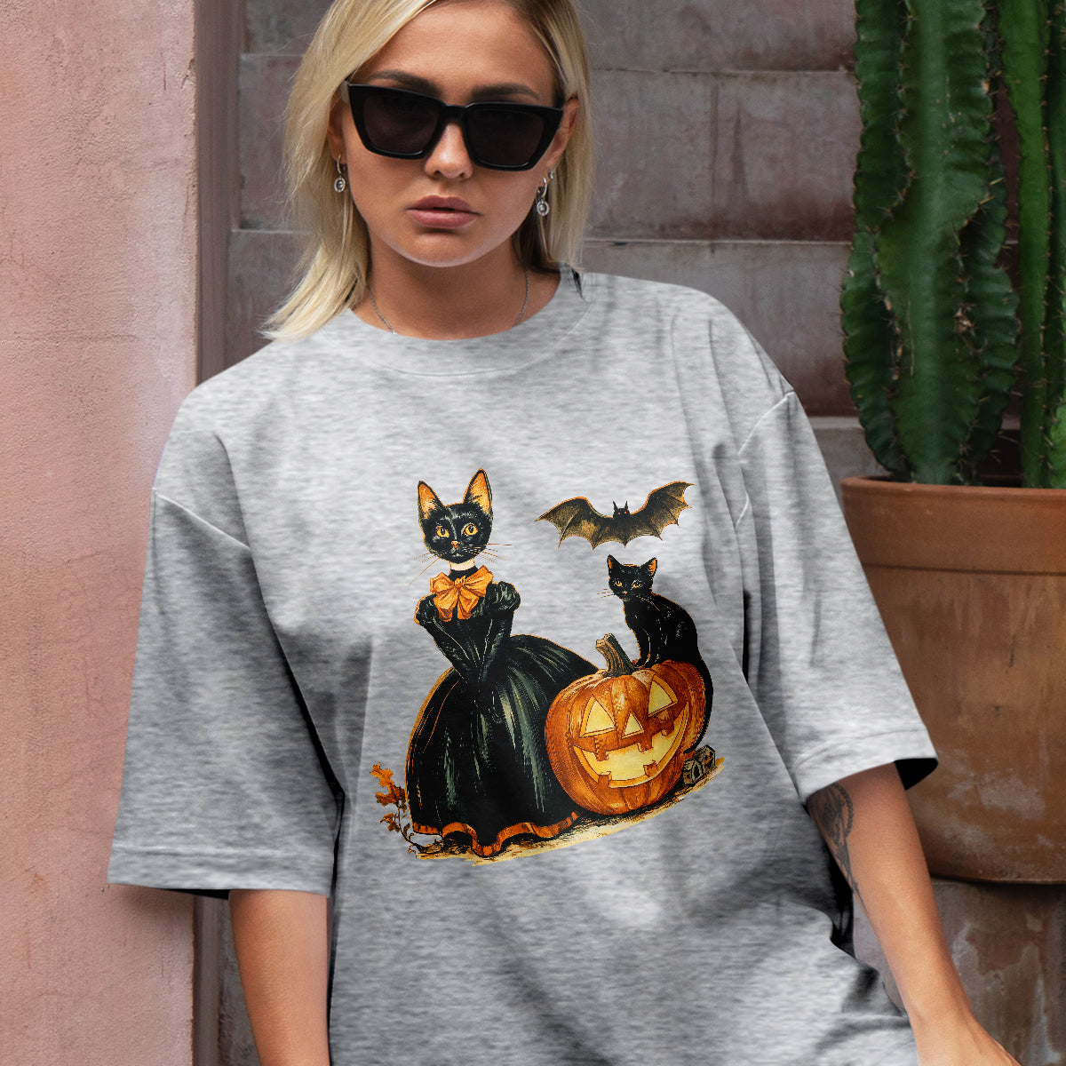 Teesdily | Childless Cat Lady Full Color Shirt, Halloween Pumpkin Witch And Cat Sweatshirt, Witchy Black Cat Hoodie Mug