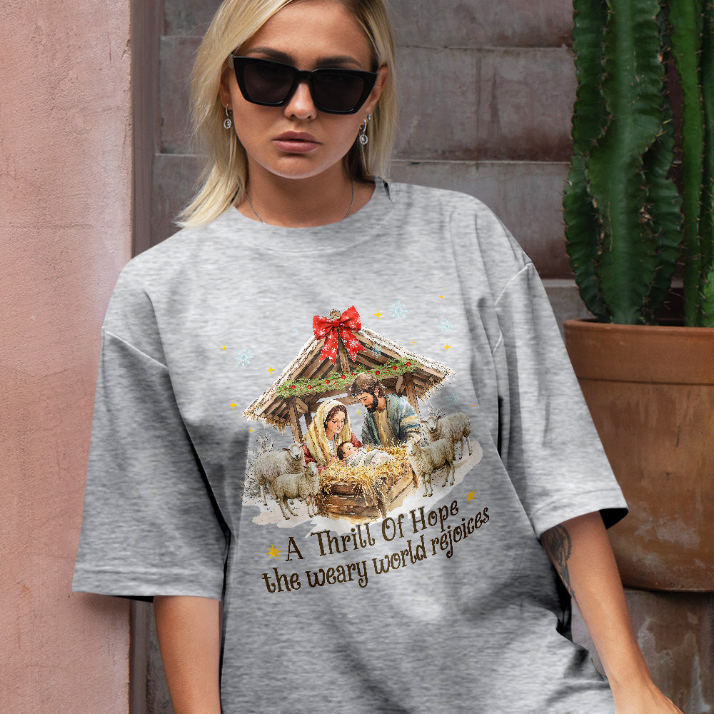 Teesdily | Nativity Scene Christmas Coquette Jesus Shirt, A Thrill Of Hope Sweatshirt, Christmas Nativity Hoodie Mug Religious Gift