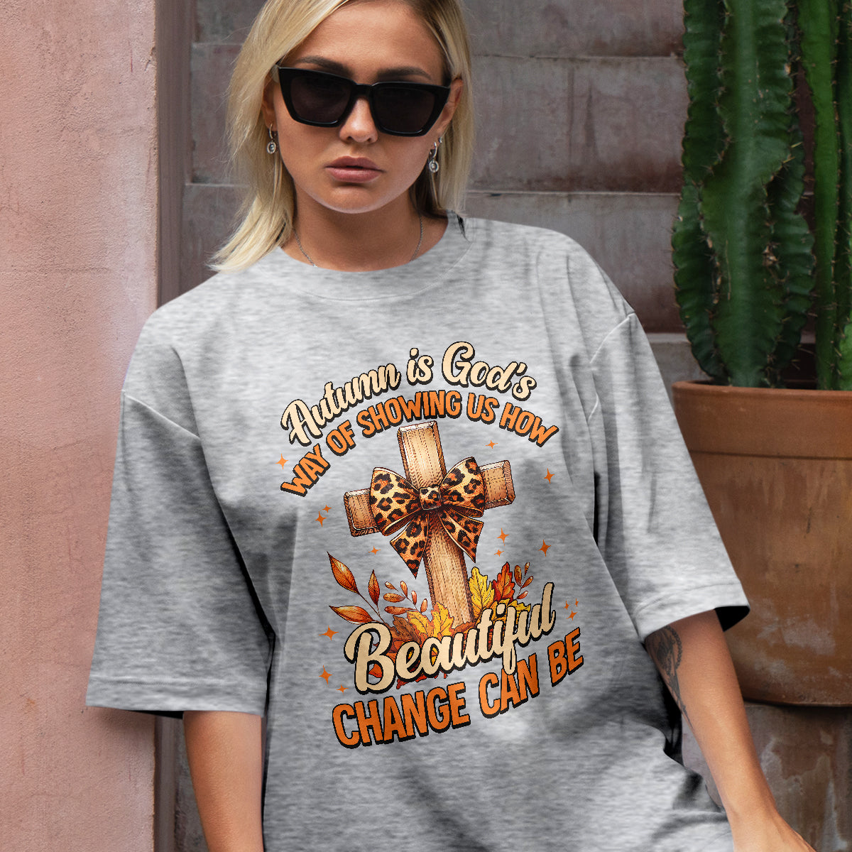 Teesdily | Jesus Cross Coquette Bow Thanksgiving Shirt, Autumn Is God's Way Tee Sweatshirt Hoodie Mug, Thanksgiving Jesus Gift