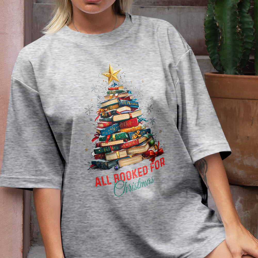 Teesdily | All Booked For Christmas Shirt, Bookworm Christmas Sweatshirt, Bookish Hoodie Mug, Gift For Librarian Book Lover