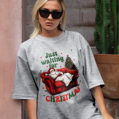 Teesdily | Just Waiting For Christmas Shirt, Santa Sofa Christmas Lights Tee 2024, Santa Claus Sweatshirt Hoodie Mug, Holiday Gift