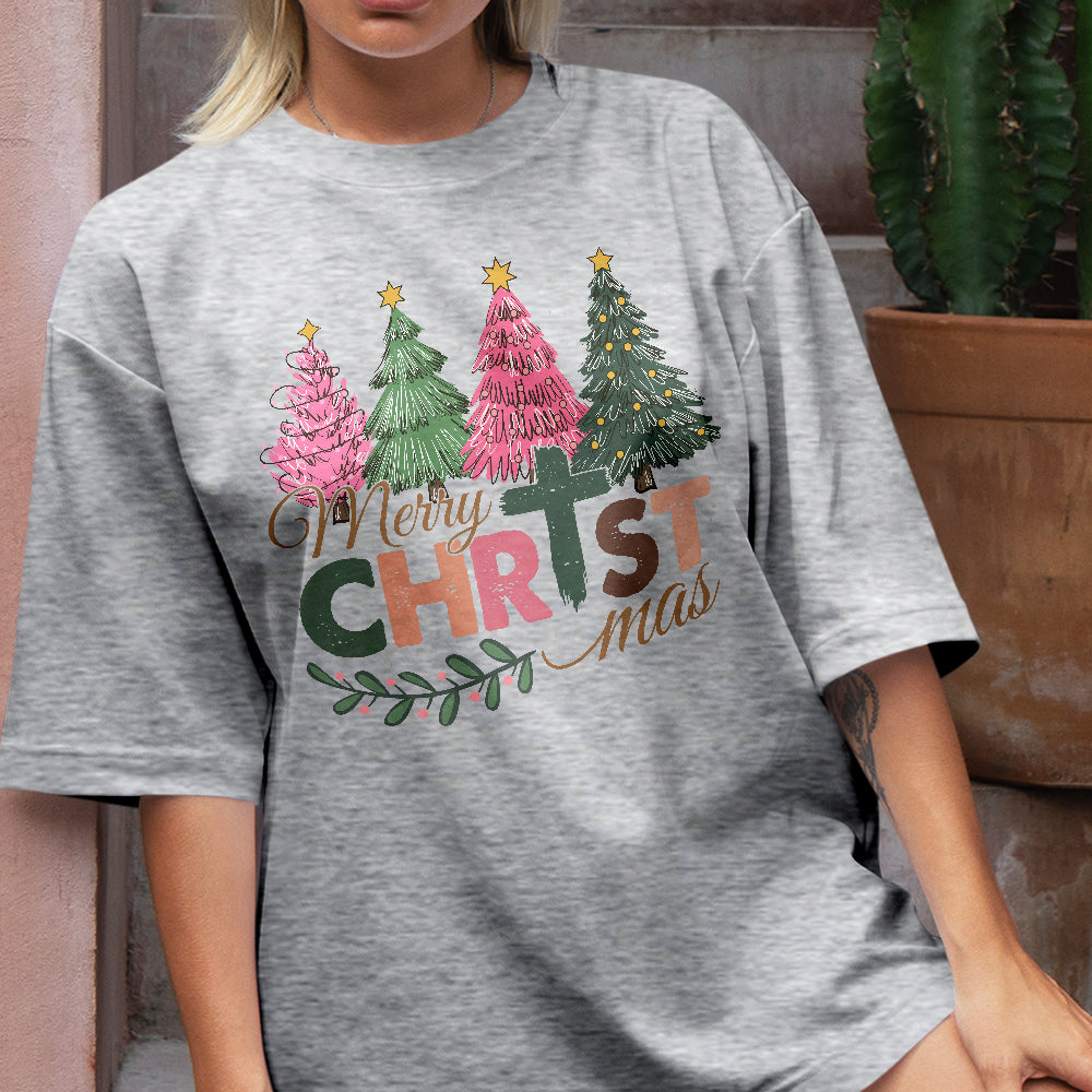 Teesdily | Merry Christmas Shirt, Jesus Christmas T-shirt, Christian Christmas Tree Sweatshirt, Holiday Christmas Hoodie Mug Gift