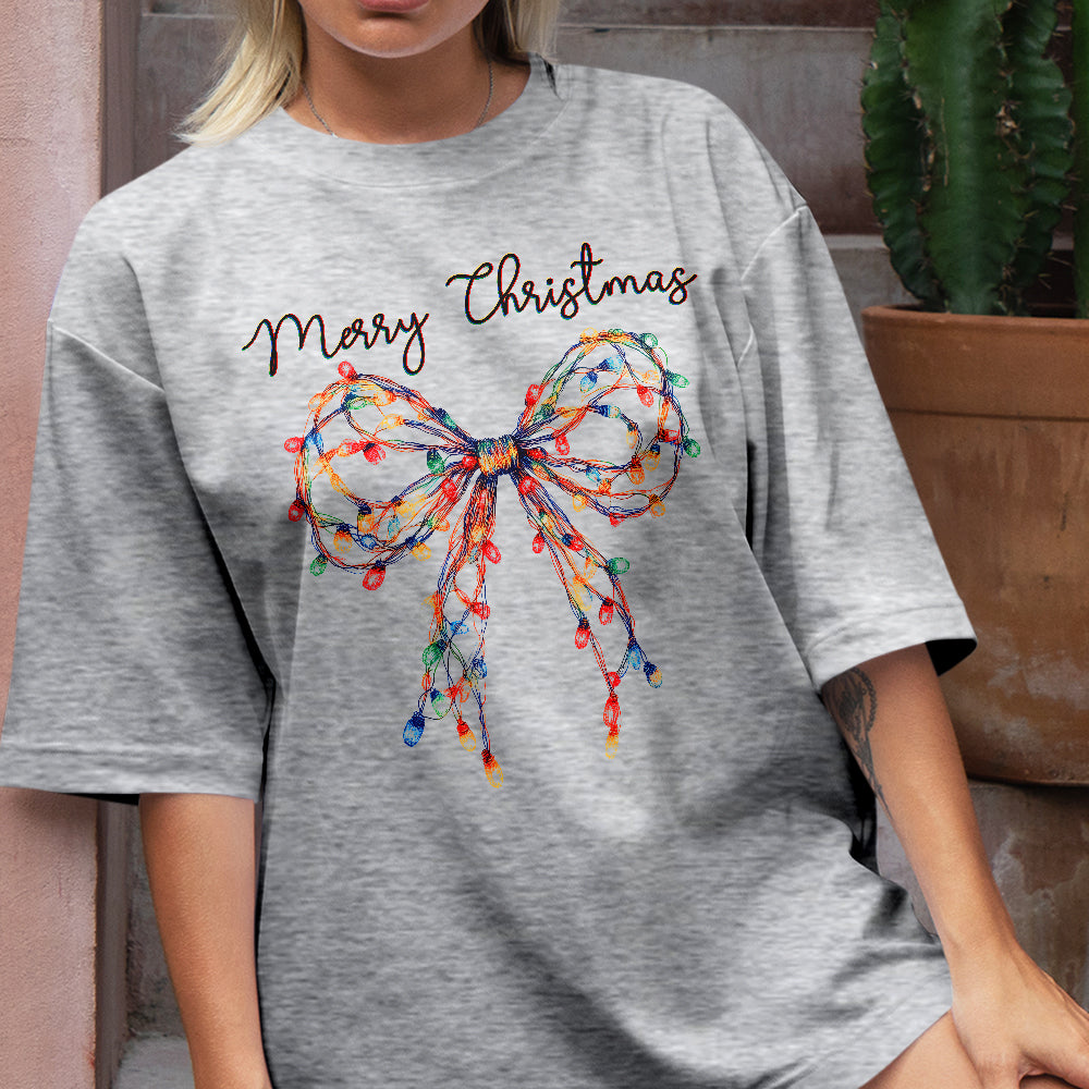 Teesdily | Merry Christmas Bow Light Shirt, Christmas Coquette Bow Sweatshirt, Merry And Bright Lights Bow Hoodie Mug For Women