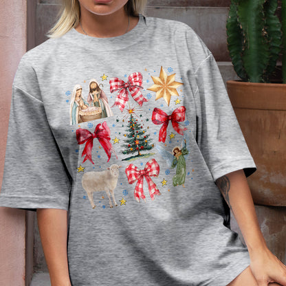 Teesdily | Red Coquette Jesus Nativity Shirt, Holy Night Tee Sweatshirt Hoodie Mug, Jesus Lovers Christmas Gift, Xmas Coquette