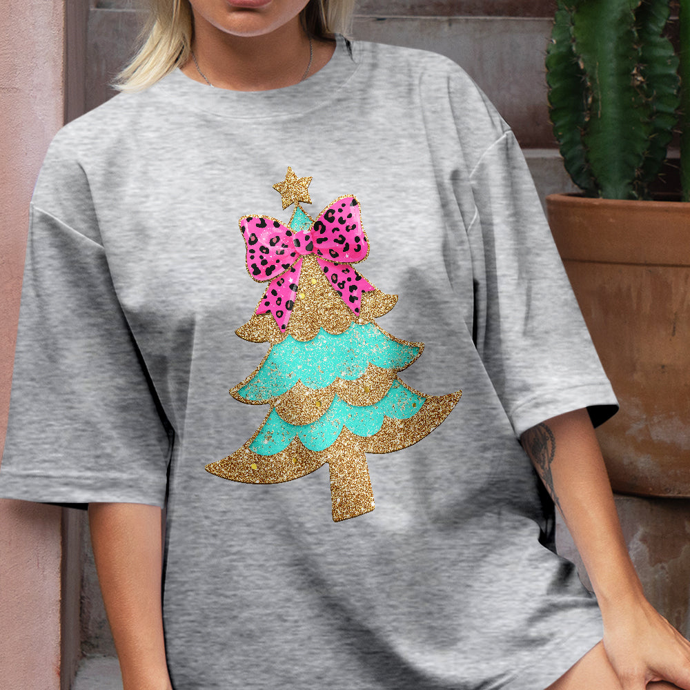 Teesdily | Christmas Tree Bow Shirt, Christmas Coquette Bow Glitter Leopard Sweatshirt, Christmas Hoodie Mug For Women