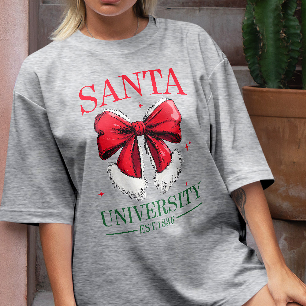 Teesdily | Retro Santa Bow University Est 1836 Shirt, Coquette Bow Christmas Sweatshirt, Social Club Santa Tee