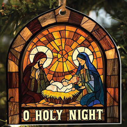 Teesdily | Jesus O Holy Night Christmas Ornament, Jesus Christ Nativity Stained Glass Print Ornament 2D, Holy Family Ornament Xmas