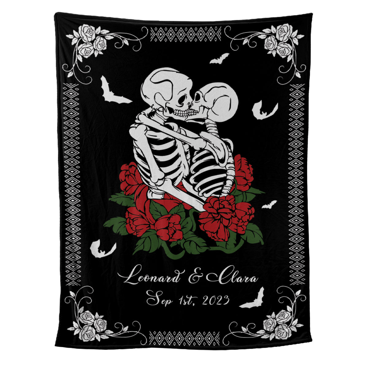 Teesdily | Personalized Skull Throw Blanket Custom Spooky Skeleton Rose Together Forever Fleece Blanket Gothic Skeleton Halloween Couples Funny Gifts